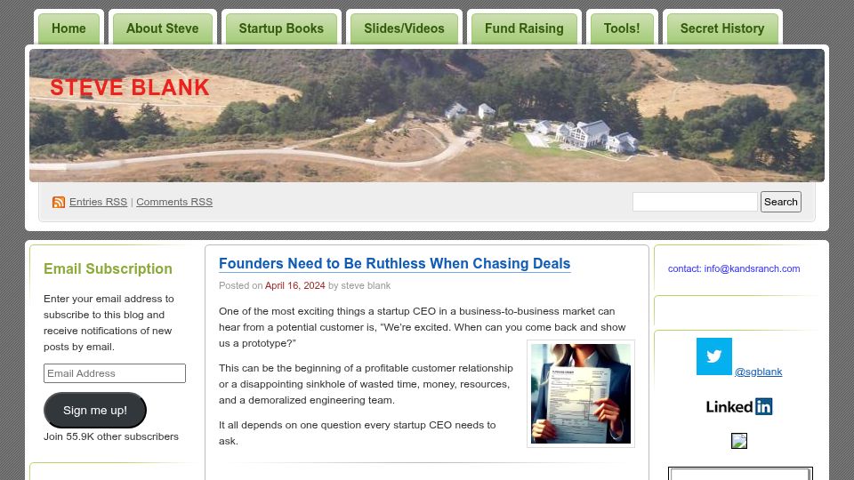 Screenshot of steveblank.com: Founders Need to Be Ruthless When Chasing Deals