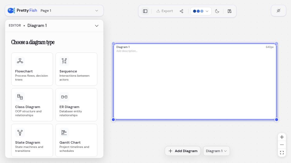 Screenshot of pretty.fish: Pretty Fish: A better mermaid diagram editor