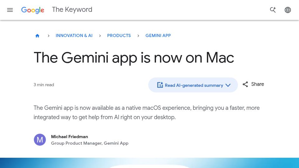 Screenshot of blog.google: The Gemini app is now on Mac