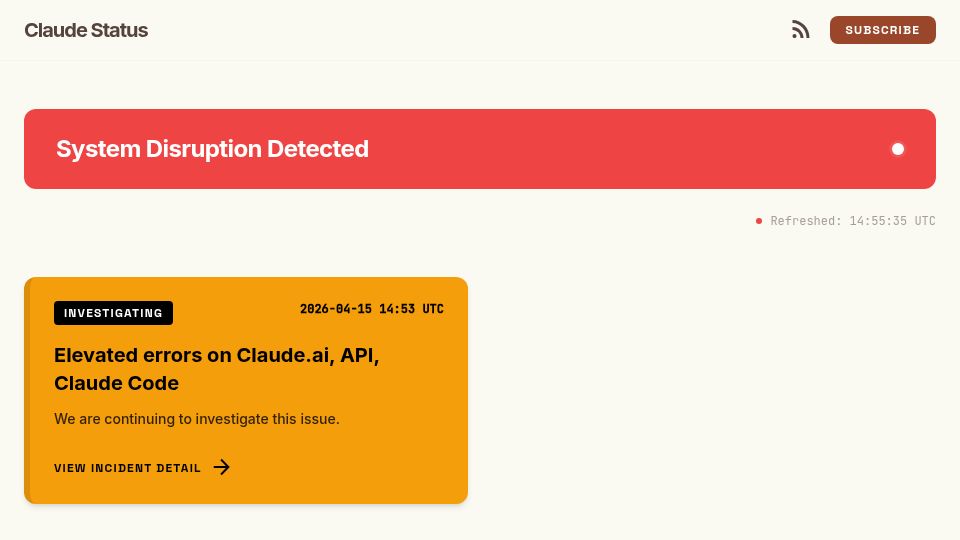 Screenshot of claudestatus.com: Elevated errors on Claude.ai, API, Claude Code