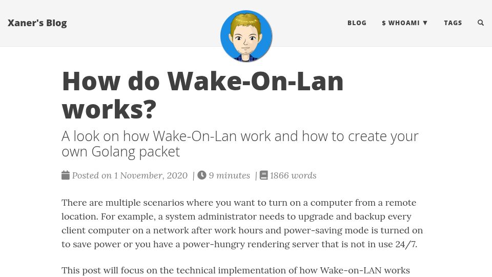Screenshot of blog.xaner.dev: How Wake-On-LAN works (2020)