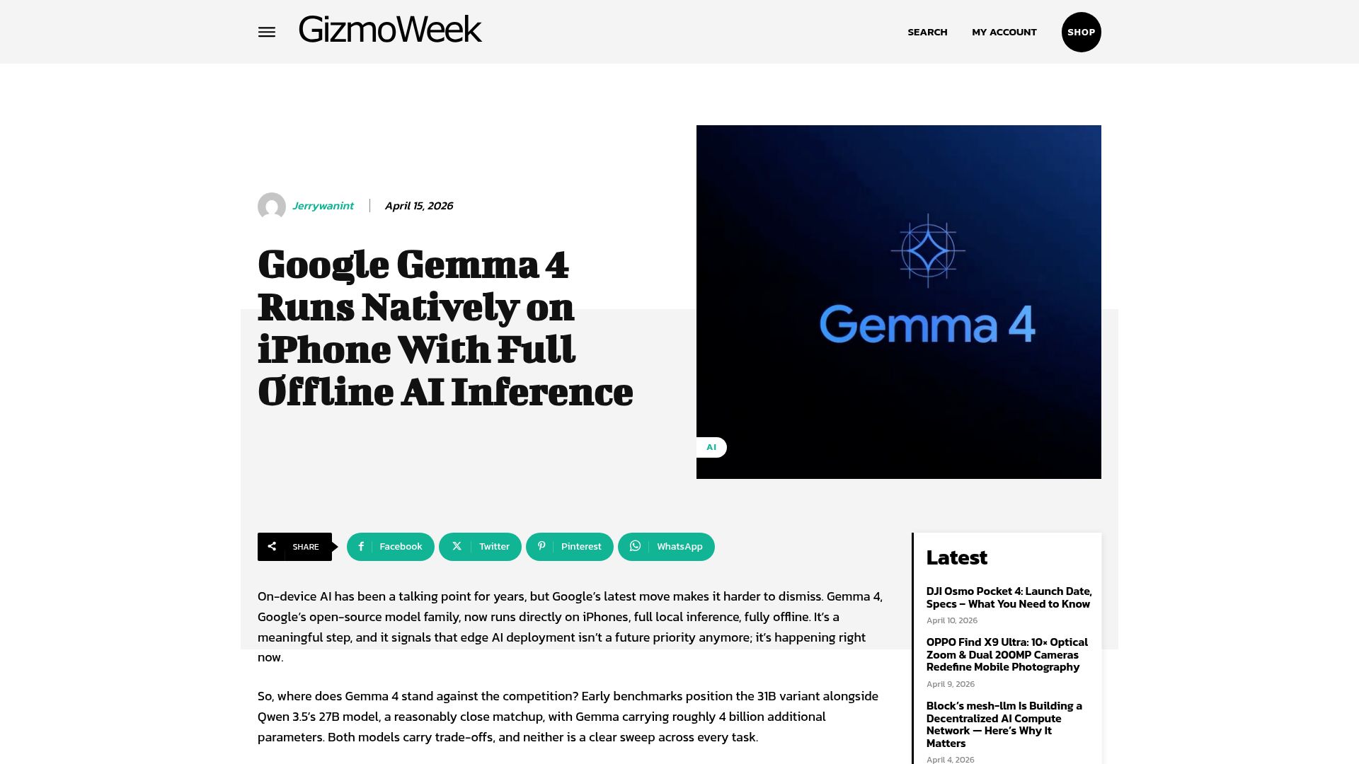 Screenshot of gizmoweek.com: Google Gemma 4 Runs Natively on iPhone with Full Offline AI Inference