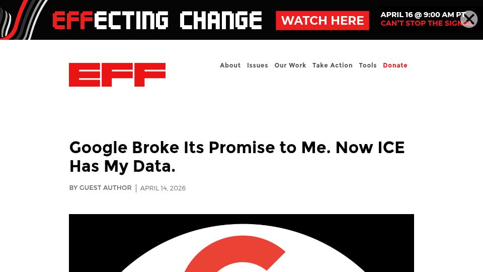 Screenshot of eff.org: Google broke its promise to me – now ICE has my data