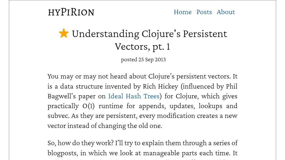Screenshot of hypirion.com: Understanding Clojure's Persistent Vectors, pt. 1 (2013)