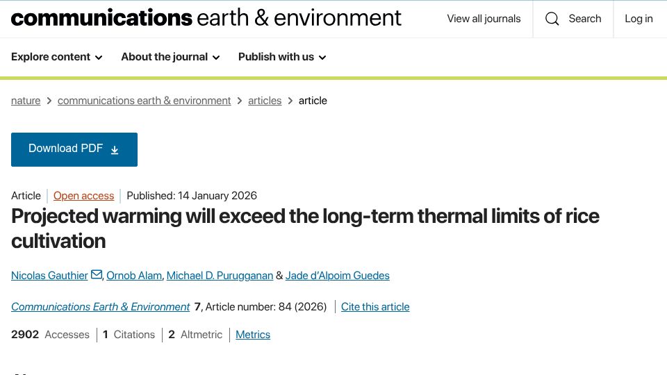 Screenshot of nature.com: Projected warming will exceed the long-term thermal limits of rice cultivation