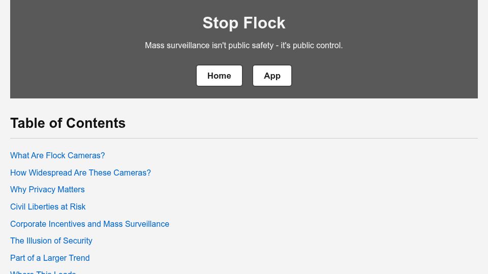 Screenshot of stopflock.com: Stop Flock