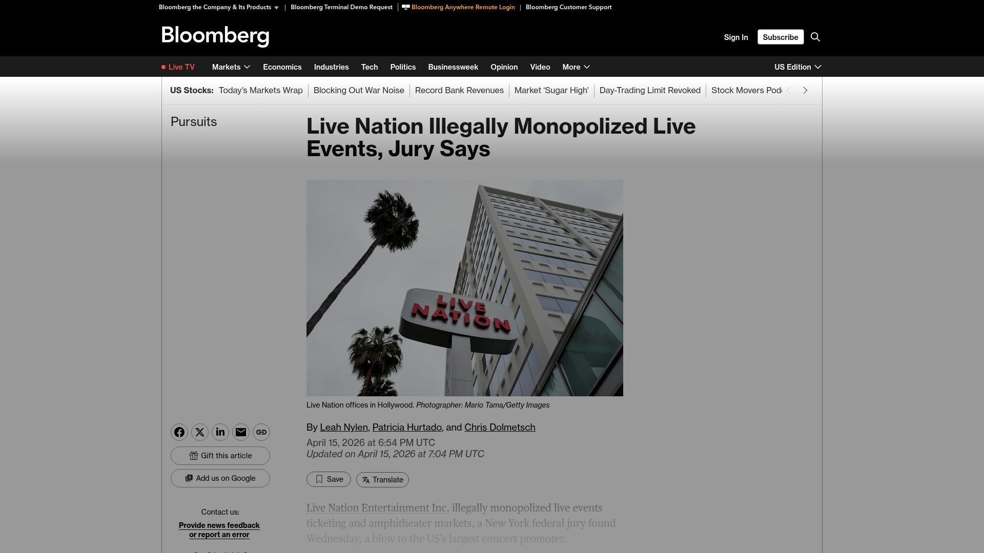 Screenshot of bloomberg.com: Live Nation illegally monopolized ticketing market, jury finds