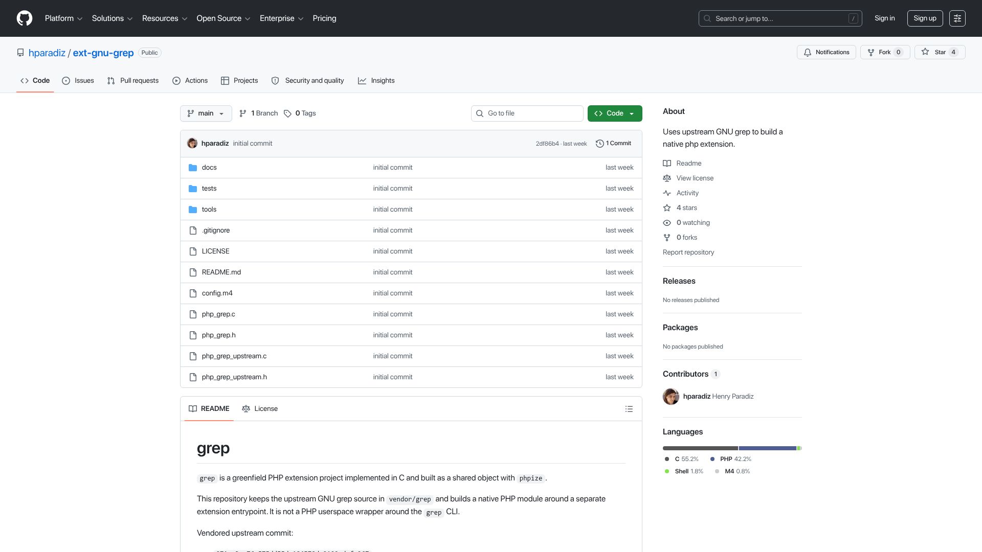 Screenshot of github.com: Show HN: GNU grep as a PHP extension