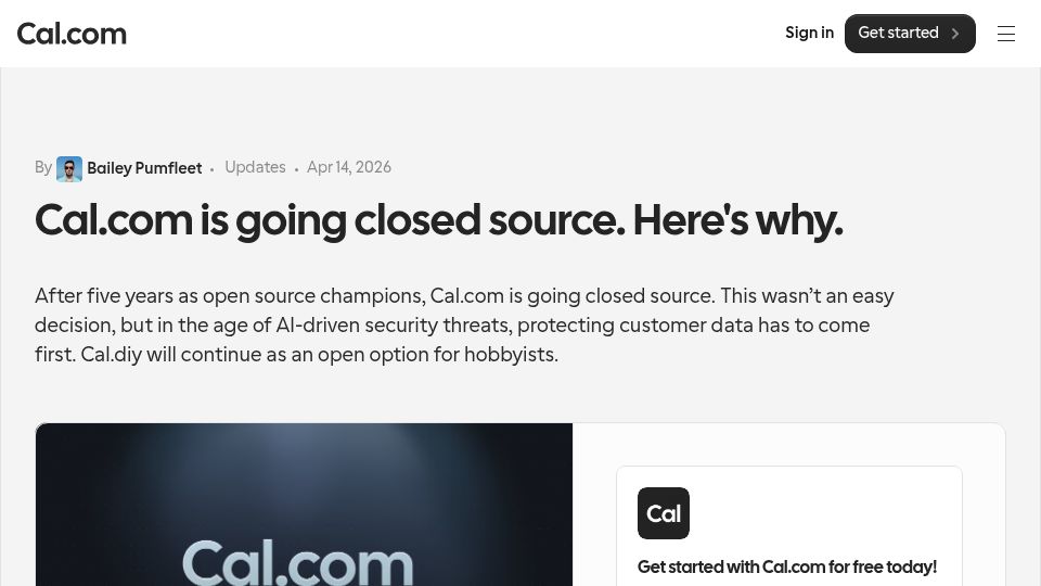 Screenshot of cal.com: Cal.com is going closed source