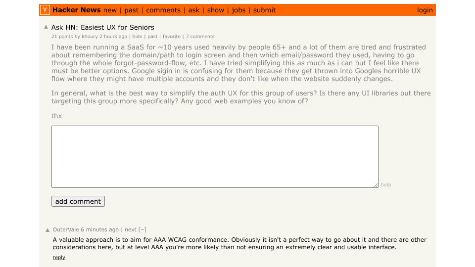 Screenshot of Hacker News post: Ask HN: Easiest UX for Seniors