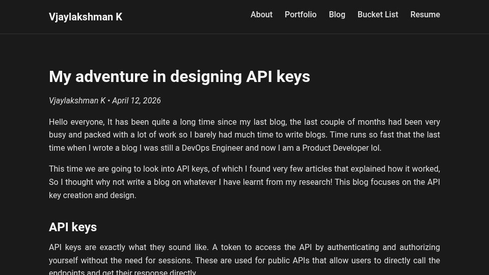 Screenshot of vjay15.github.io: My adventure in designing API keys