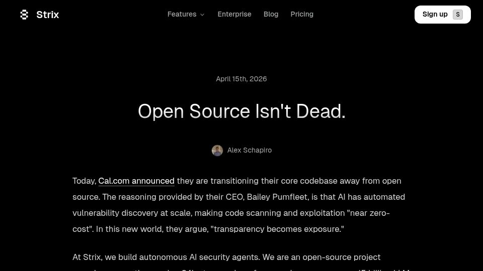 Screenshot of strix.ai: Open Source Isn't Dead. Cal.com Just Learned the Wrong Lesson