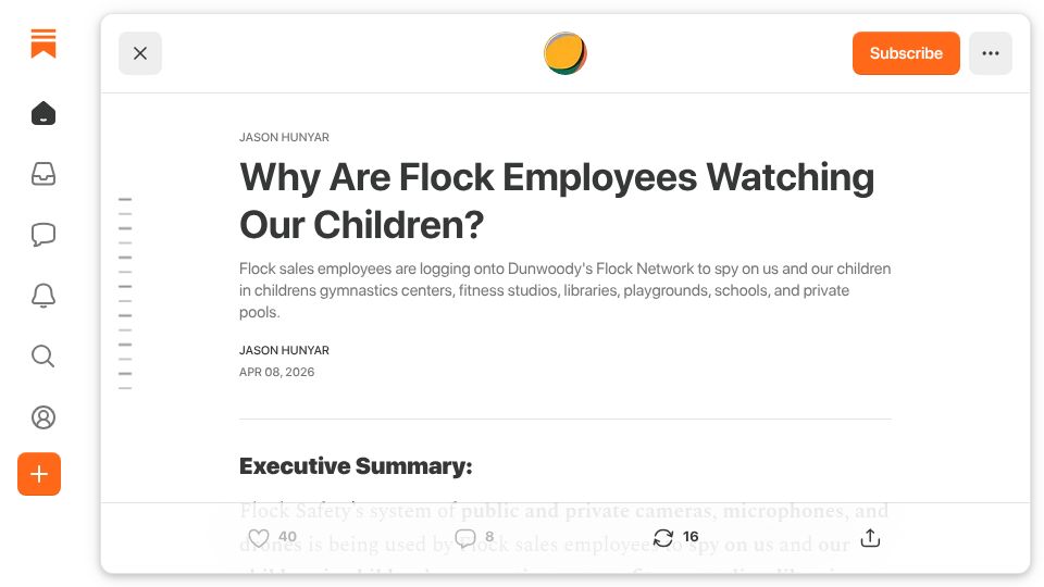 Screenshot of substack.com: Why are Flock employees watching our children?