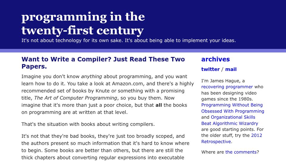 Screenshot of prog21.dadgum.com: Want to write a compiler? Just read these two papers (2008)