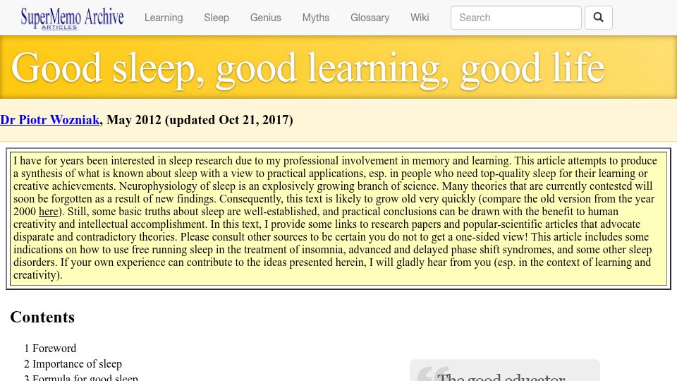 Screenshot of super-memory.com: Good sleep, good learning, good life (2012)