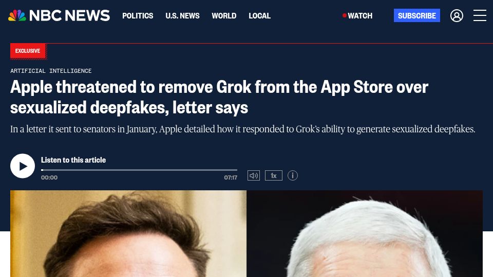 Screenshot of nbcnews.com: Apple App Store threatened to remove Grok over deepfakes: Letter