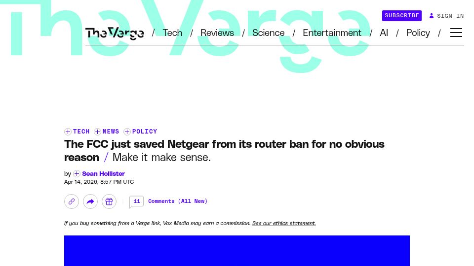 Screenshot of theverge.com: The FCC just saved Netgear from its router ban for no obvious reason
