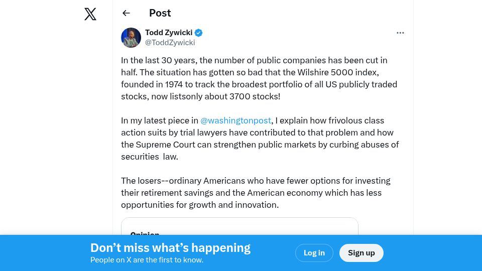 Screenshot of twitter.com: In the last 30 years, the number of public companies has been cut in half
