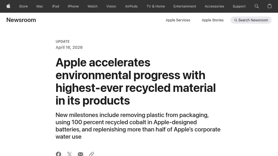 Screenshot of apple.com: Apple accelerates eco progress with highest-ever recycled materials