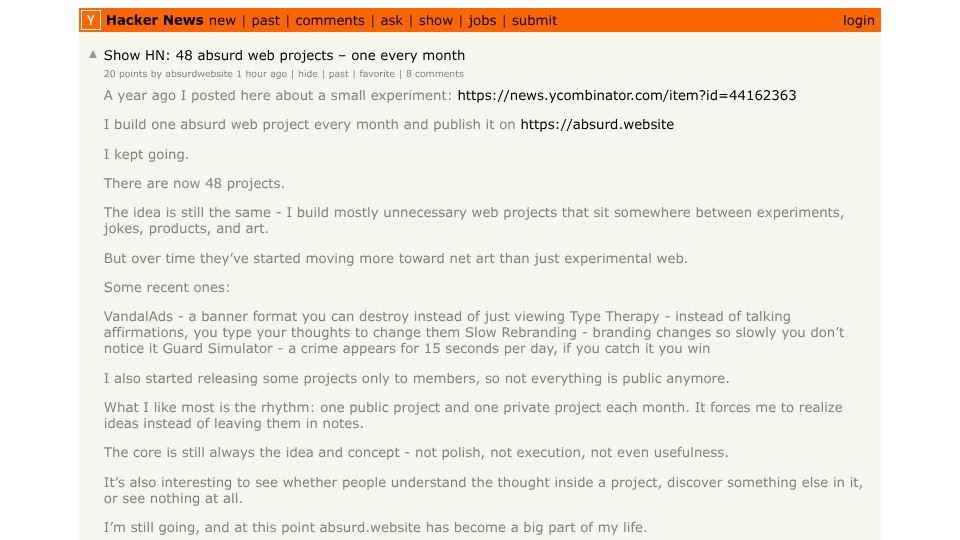 Screenshot of Hacker News post: Show HN: 48 absurd web projects – one every month