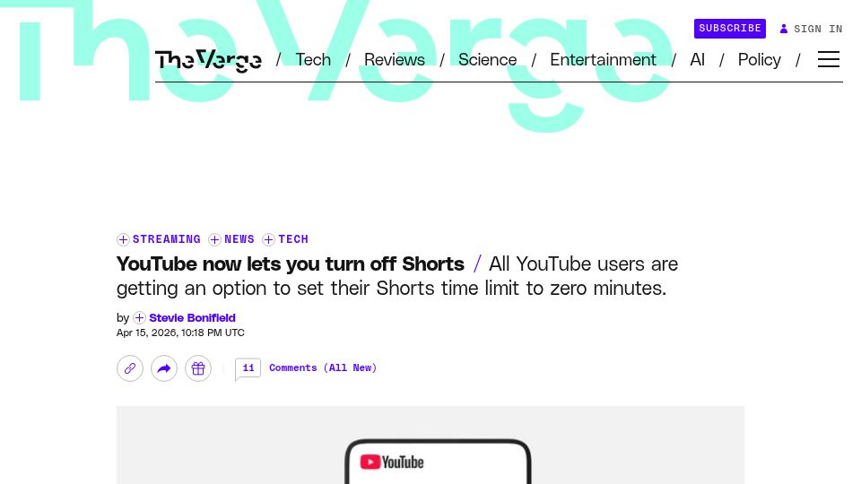 Screenshot of theverge.com: YouTube users get option to set their Shorts time limit to zero minutes