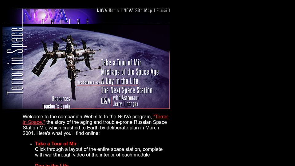 Screenshot of pbs.org: PBS Nova: Terror in Space (1998)