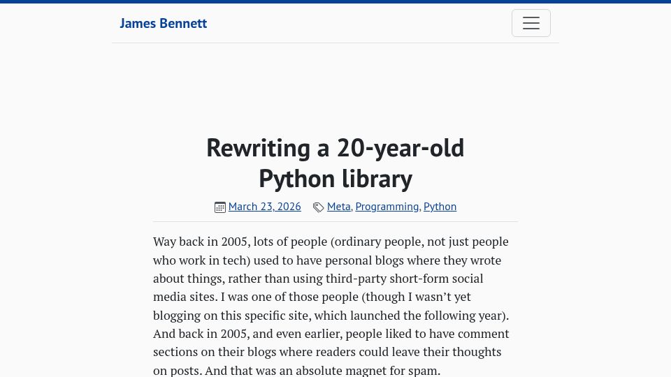 Screenshot of b-list.org: Rewriting a 20-year-old Python library