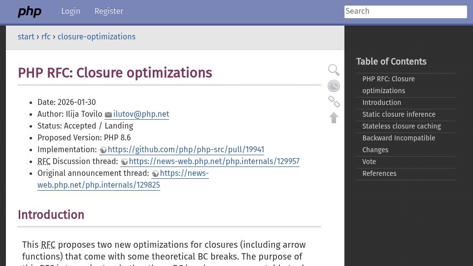 Screenshot of wiki.php.net: PHP 8.6 Closure Optimizations