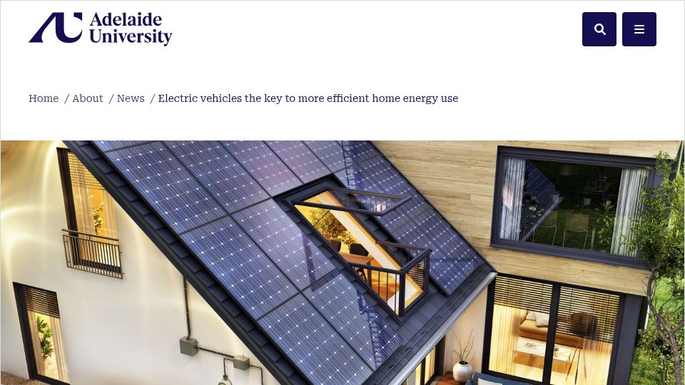 Screenshot of adelaide.edu.au: Study: EVs with V2H cut household electricity costs and need for home batteries