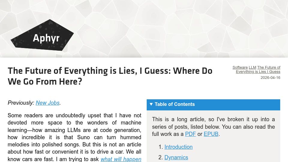 Screenshot of aphyr.com: The future of everything is lies, I guess: Where do we go from here?