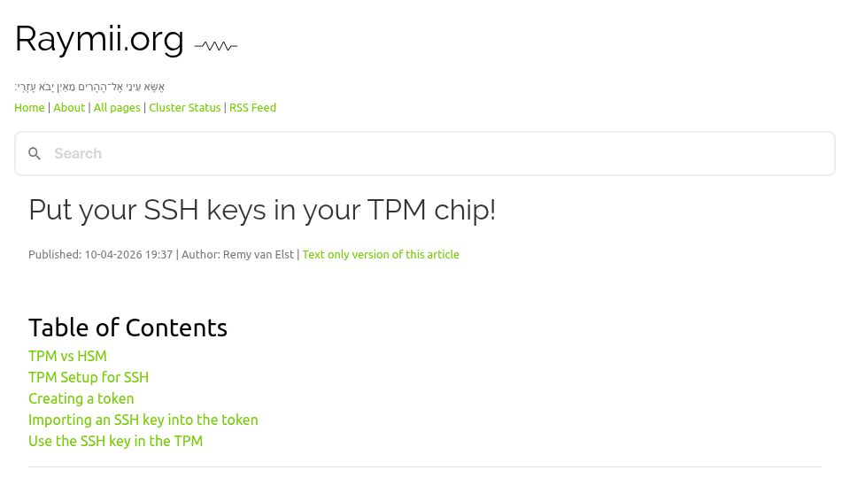 Screenshot of raymii.org: Put your SSH keys in your TPM chip