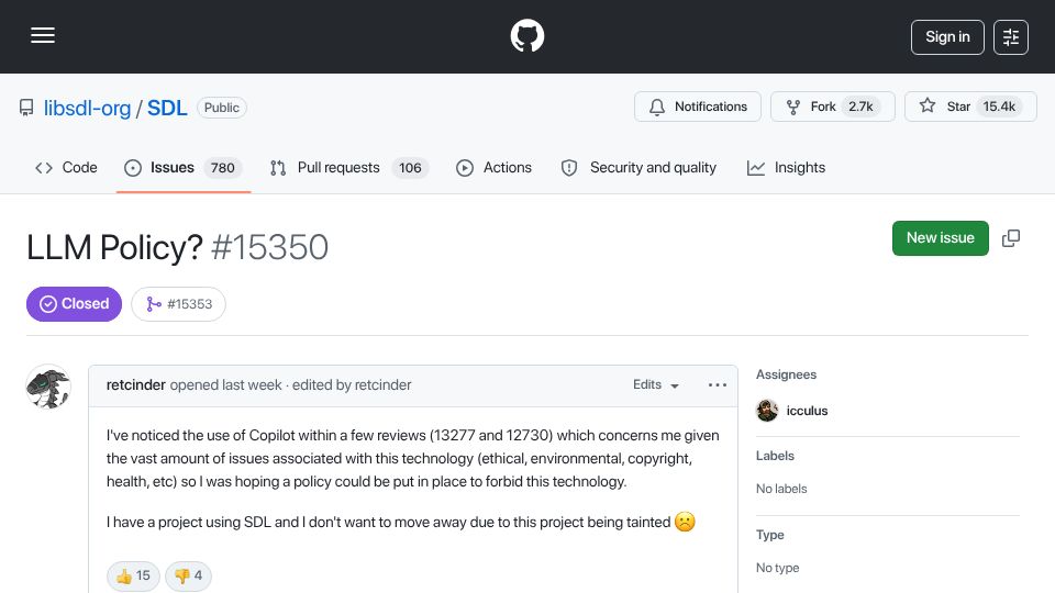 Screenshot of github.com: SDL bans AI-written commits