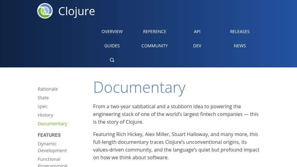 Screenshot of clojure.org: Official Clojure Documentary page with Video, Shownotes, and Links