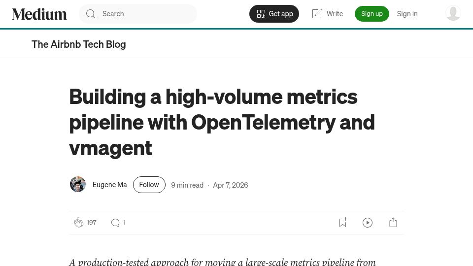 Screenshot of medium.com: Moving a large-scale metrics pipeline from StatsD to OpenTelemetry / Prometheus