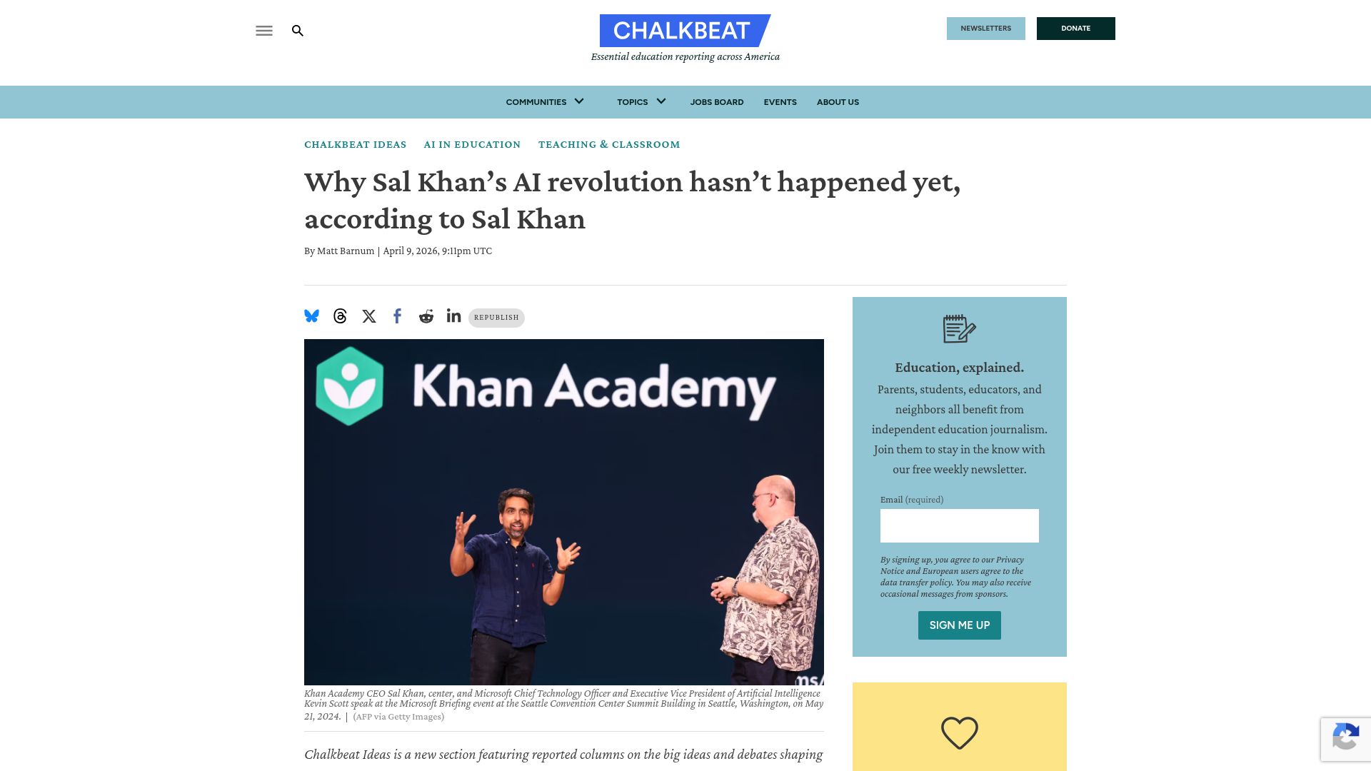 Screenshot of chalkbeat.org: Sal Khan's AI revolution hasn't happened yet