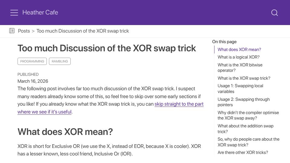 Screenshot of heather.cafe: Too much discussion of the XOR swap trick