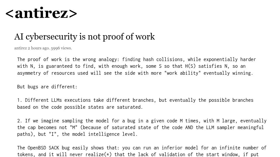 Screenshot of antirez.com: AI cybersecurity is not proof of work