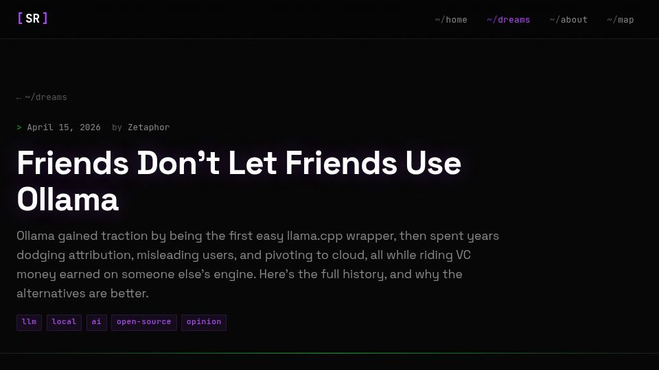 Screenshot of sleepingrobots.com: Stop Using Ollama