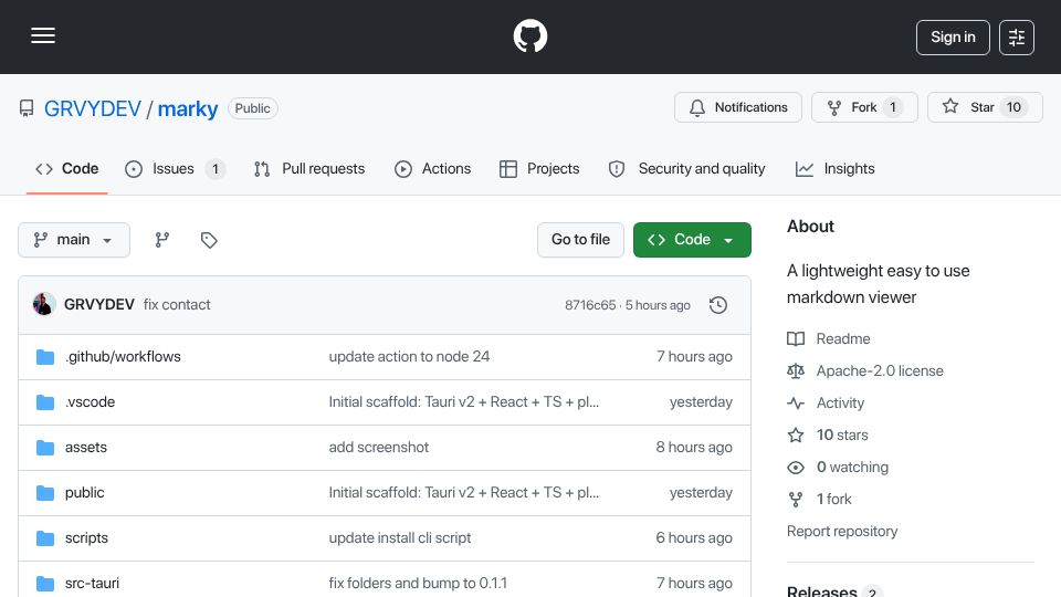 Screenshot of github.com: Show HN: Marky – A lightweight Markdown viewer for agentic coding
