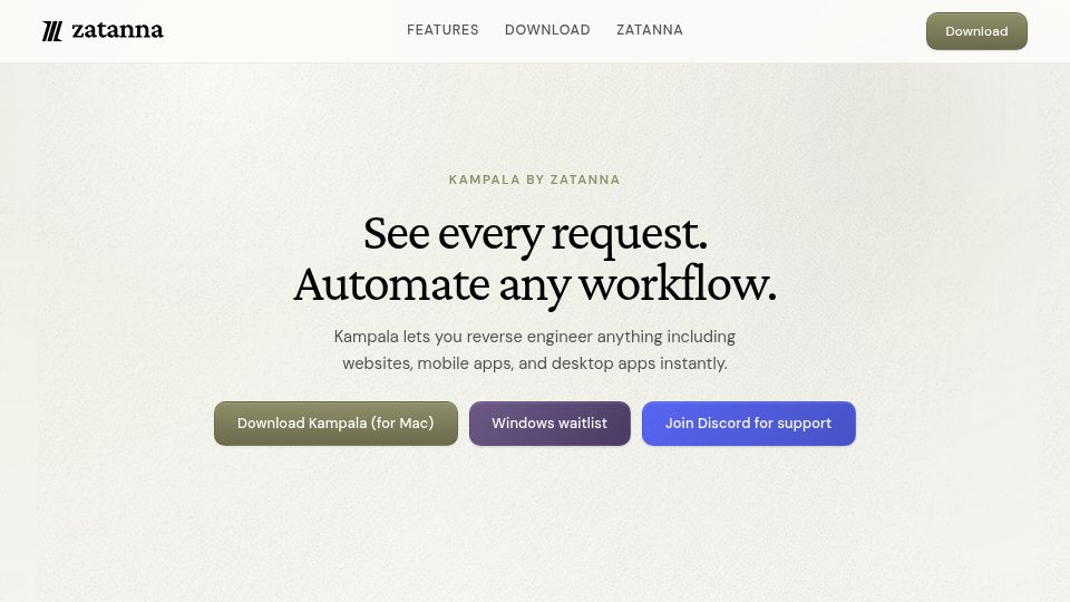 Screenshot of zatanna.ai: Launch HN: Kampala (YC W26) – Reverse-Engineer Apps into APIs
