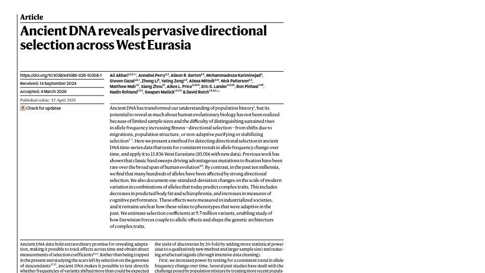 Screenshot of reich.hms.harvard.edu: Ancient DNA reveals pervasive directional selection across West Eurasia [pdf]