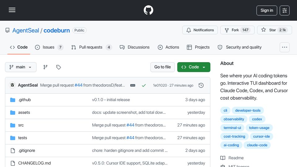 Screenshot of github.com: Show HN: CodeBurn – Analyze Claude Code token usage by task