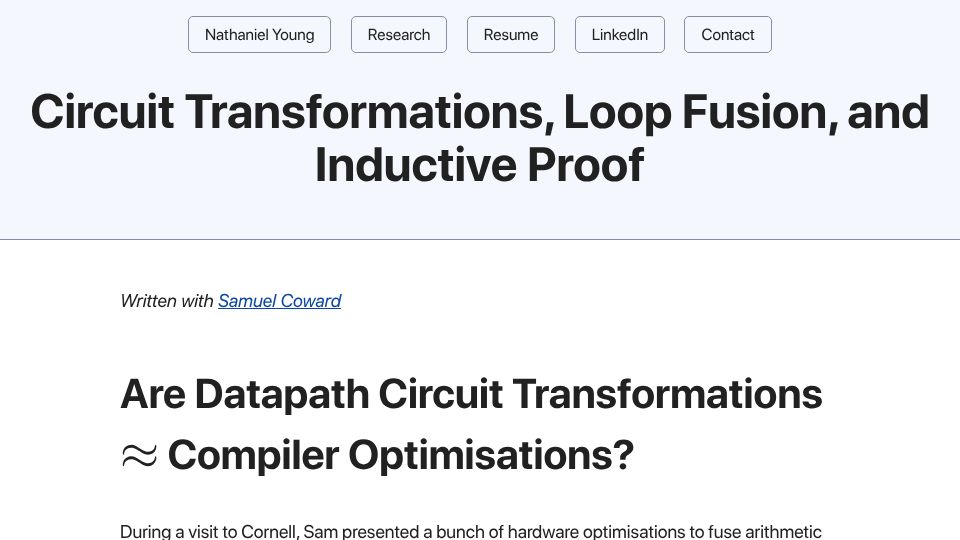 Screenshot of natetyoung.github.io: Circuit Transformations, Loop Fusion, and Inductive Proof