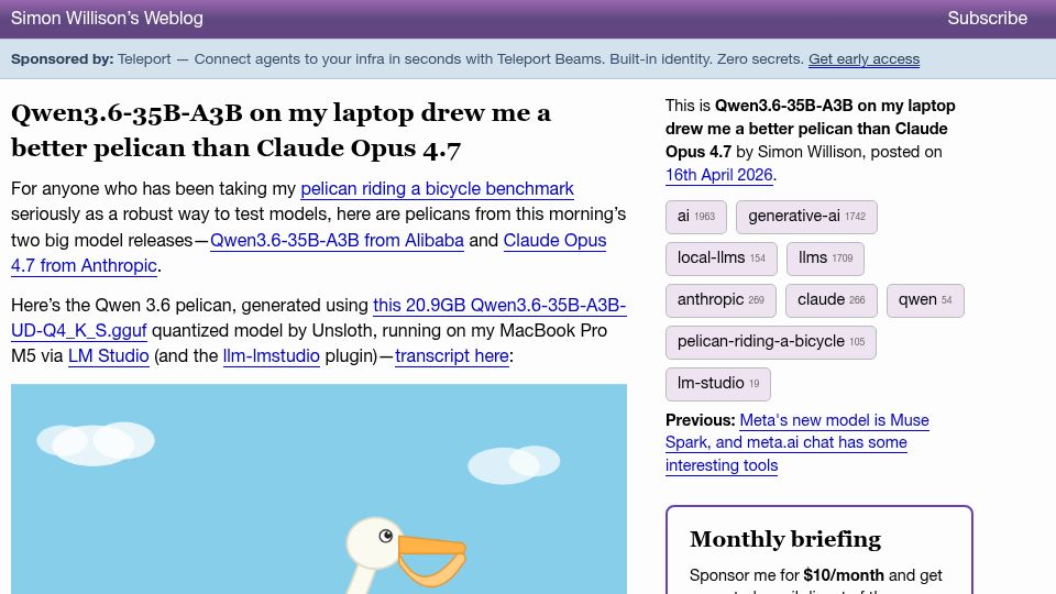 Screenshot of simonwillison.net: Qwen3.6-35B-A3B on my laptop drew me a better pelican than Claude Opus 4.7