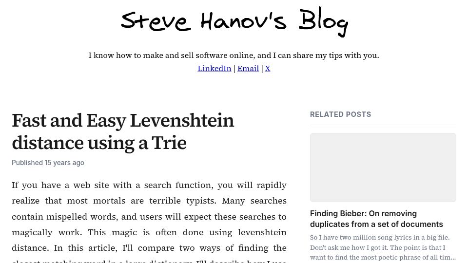 Screenshot of stevehanov.ca: Fast and Easy Levenshtein distance using a Trie (2011)