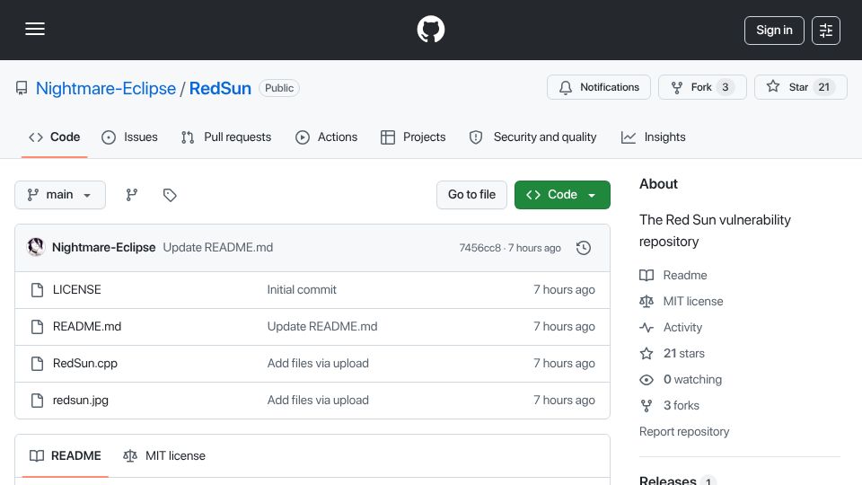 Screenshot of github.com: RedSun: System user access on Win 11/10 and Server with the April 2026 Update