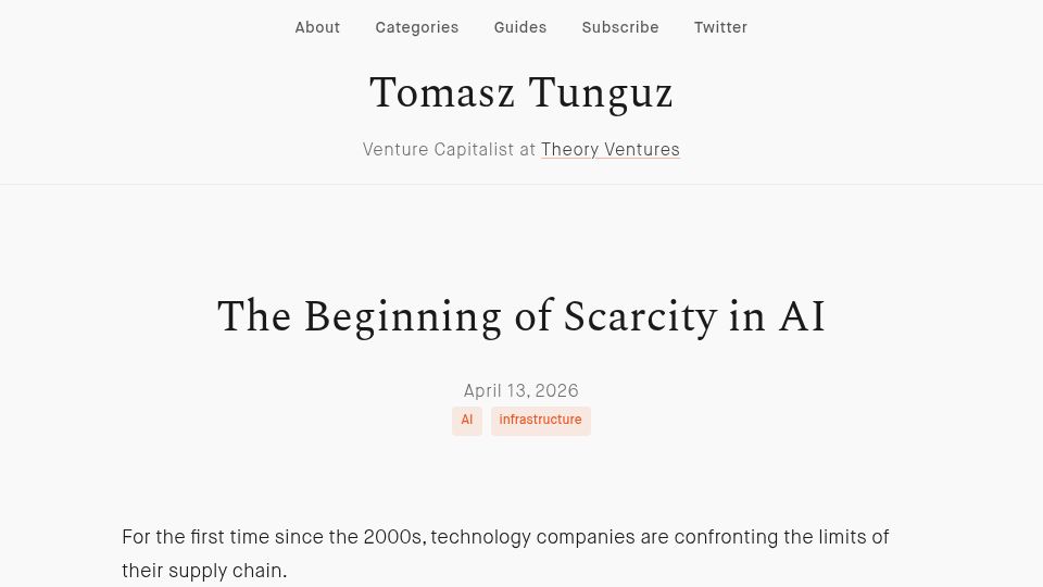 Screenshot of tomtunguz.com: The beginning of scarcity in AI