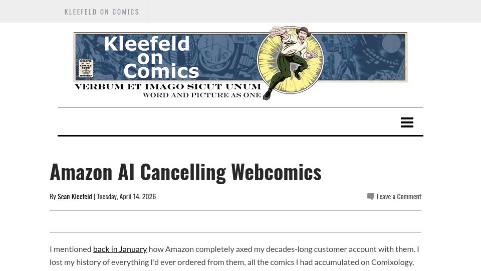 Screenshot of kleefeldoncomics.com: Amazon AI Cancelling Webcomics