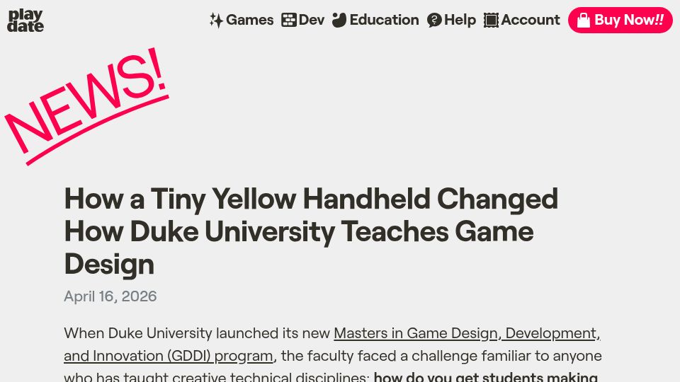 Screenshot of news.play.date: Playdate’s handheld changed how Duke University teaches game design