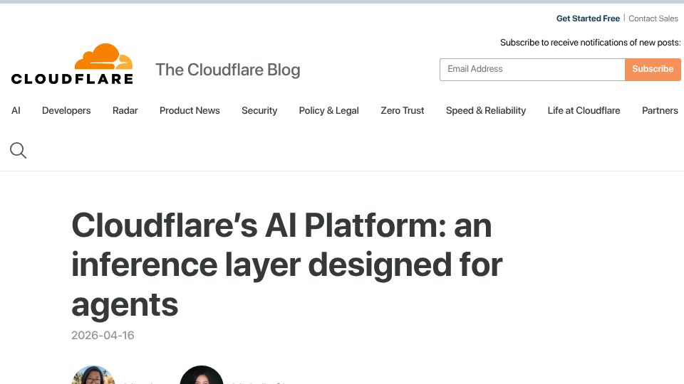 Screenshot of blog.cloudflare.com: Cloudflare's AI Platform: an inference layer designed for agents